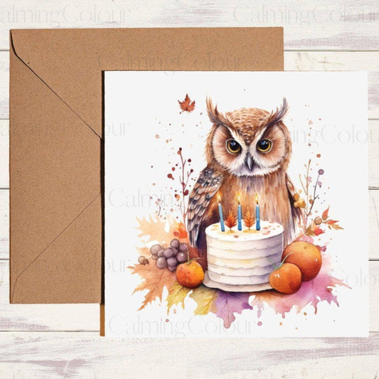 Owl with Colourful Birthday Cake | Birthday Card | Halloween | Birthday Card