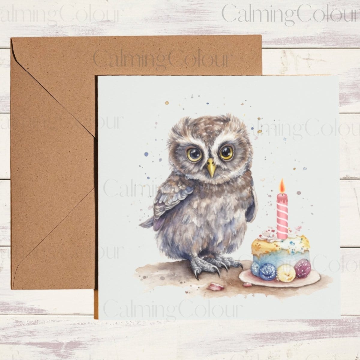 Owl with Birthday Cake | Greeting Card | Single Card | Calming Colour