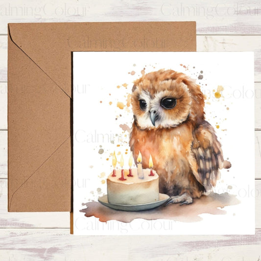 Owl with Cake | Greeting Card | Calming Colour