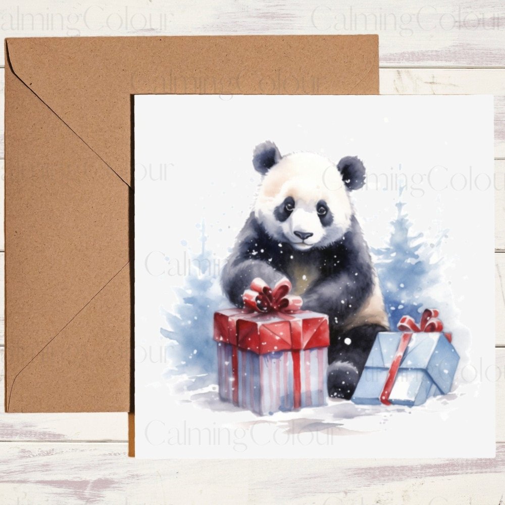 Panda with Christmas Presents | Card for Animal lover | Calming Colour