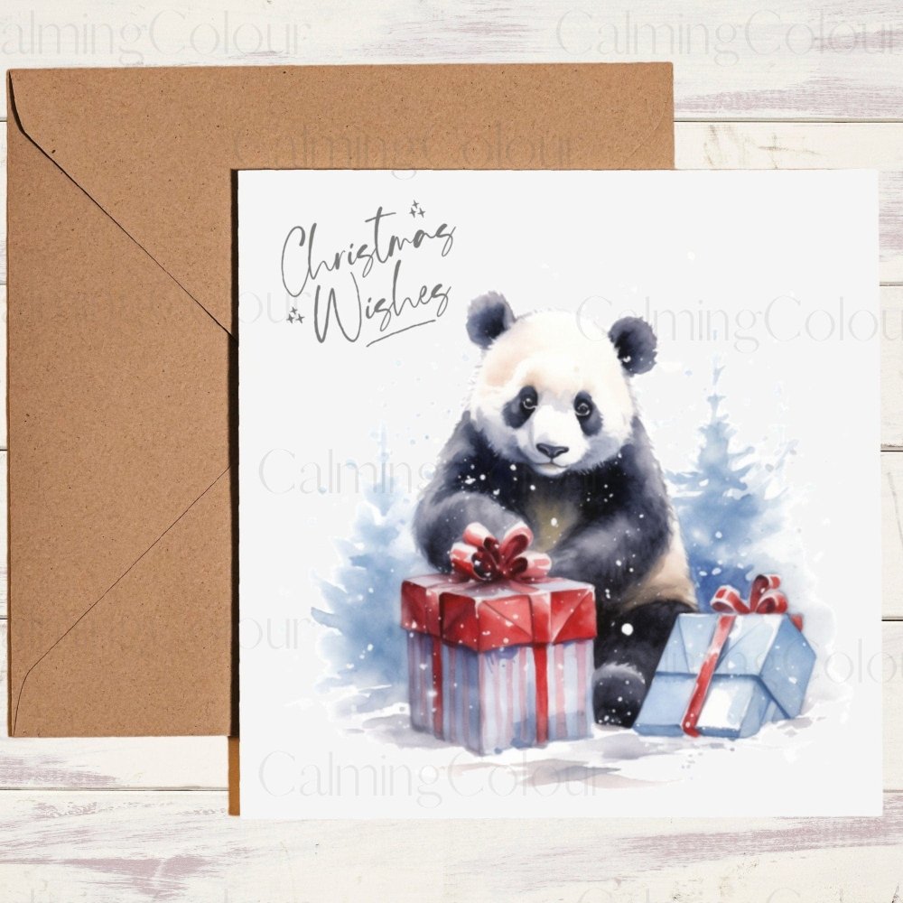 Panda with Christmas Presents | Card for Animal lover | Calming Colour