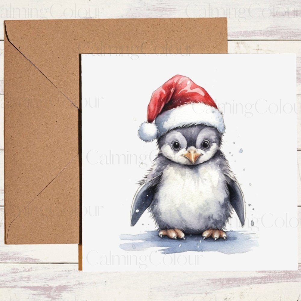 Penguin wearing Red Santa Hat | Christmas Card | Calming Colour