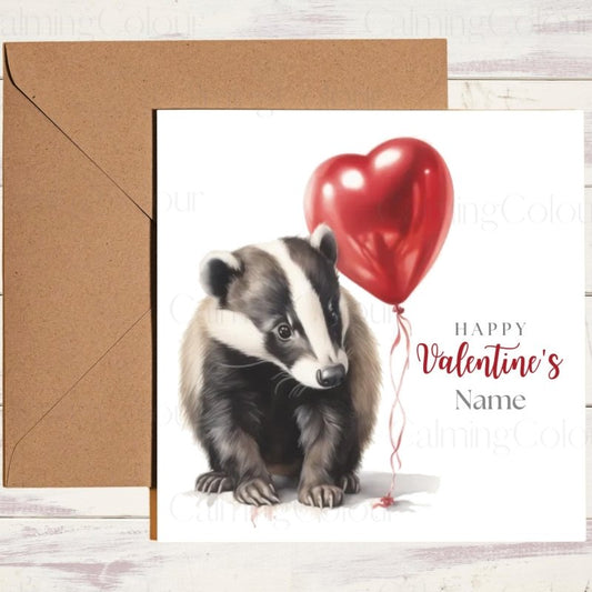Personalised Badger with Heart Balloon | Valentine's Card | Valentine's Day (Personalised)