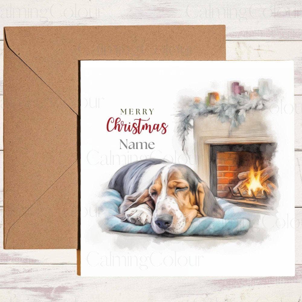 Personalised Basset Hound Sleeping by the Log Fire | Christmas Card | Christmas Card (Personalised)