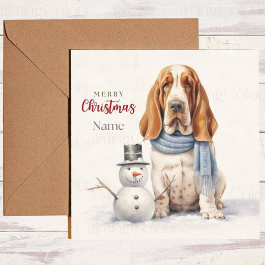 Personalised Basset Hound with Mini Snowman | Christmas Card | Christmas Card (Personalised)