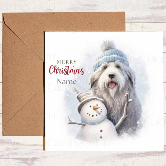 Personalised Bearded Collie with Mini Snowman | Christmas Card | Christmas Card (Personalised)