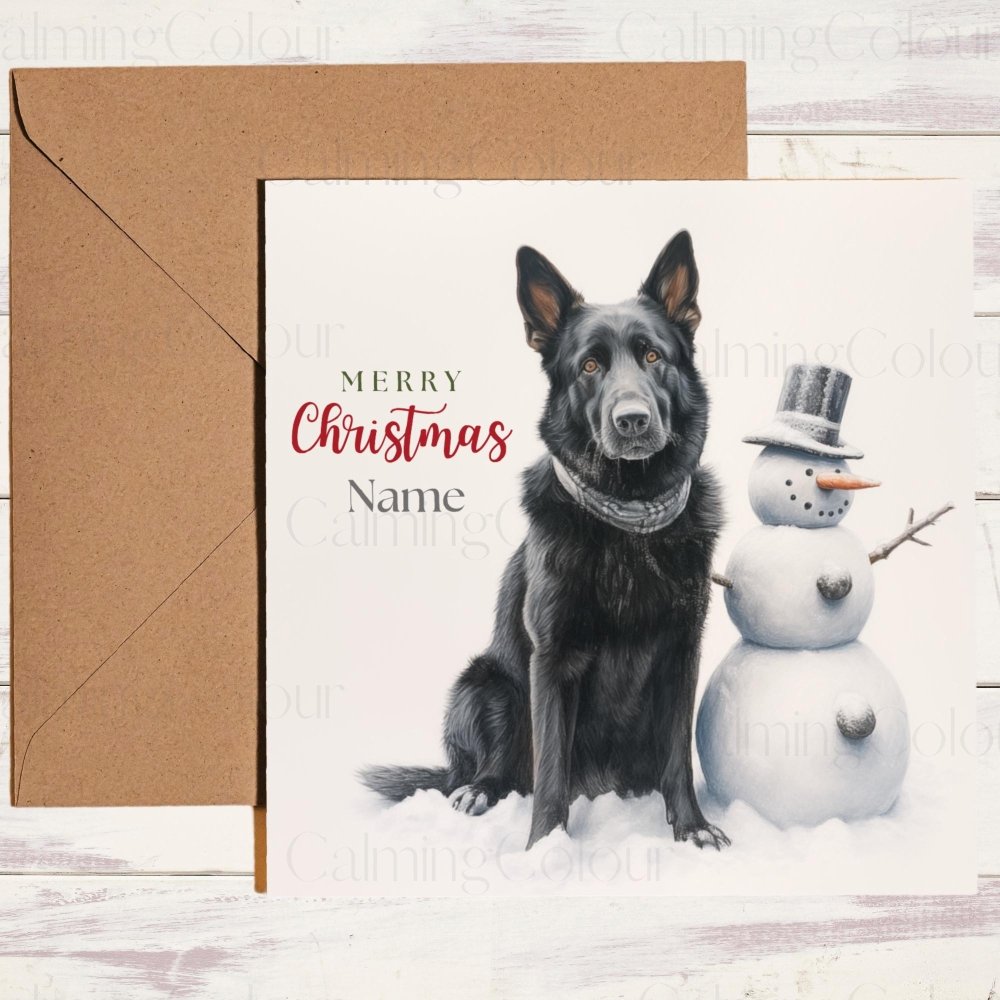 Personalised Black German Shepherd | Snowman | Christmas Card | Calming Colour