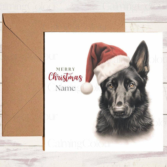 Personalised Black German Shepherd wearing Red Santa Hat | Christmas Card | Calming Colour