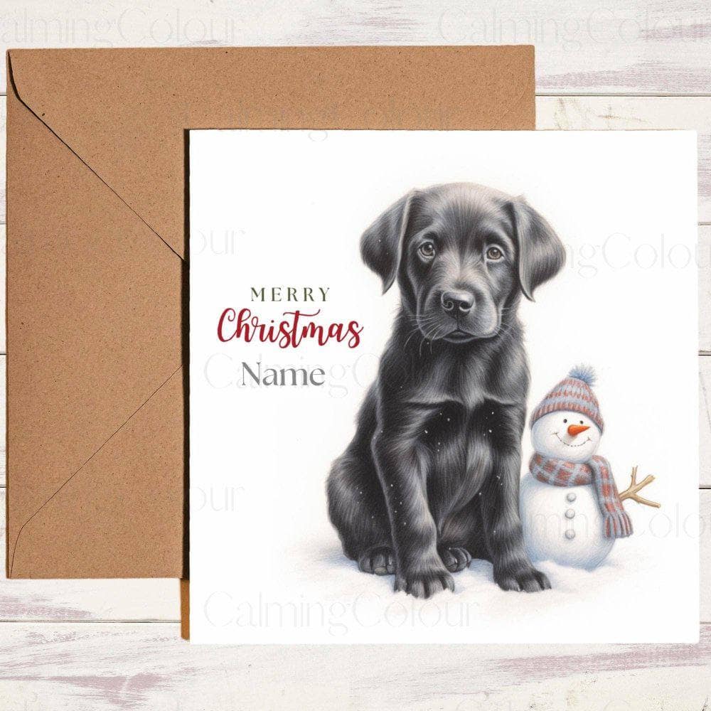 Personalised Black Labrador Puppy with Mini Snowman | Christmas Card | Christmas Card (Personalised)