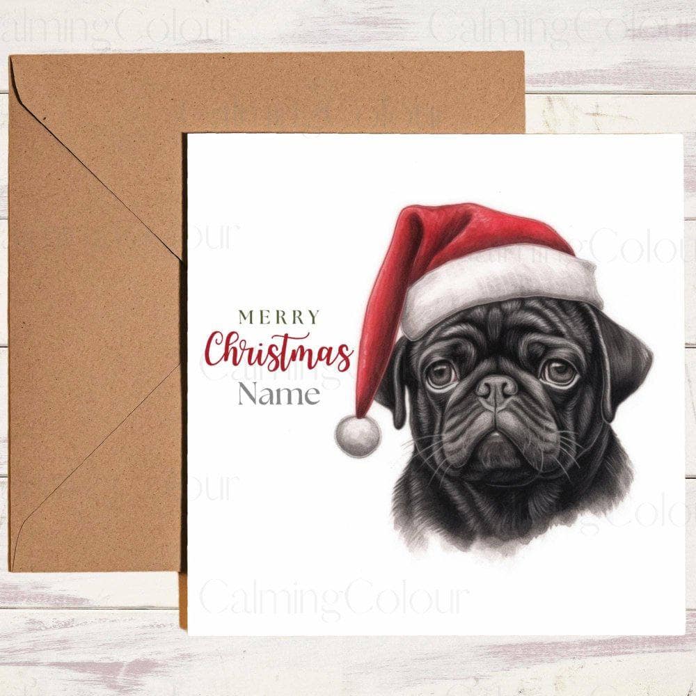 Personalised Black Pug wearing Red Santa Hat | Christmas Card | Christmas Card (Personalised)