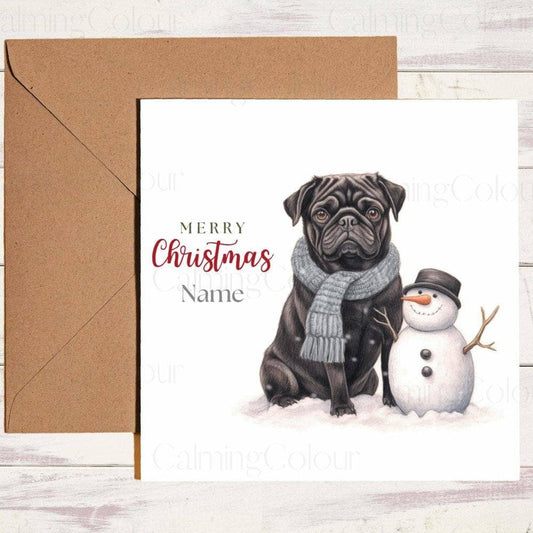 Personalised Black Pug with Mini Snowman | Christmas Card | Christmas Card (Personalised)