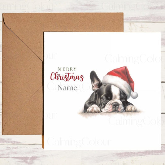 Personalised Boston Terrier Sleeping | Christmas Card | Calming Colour