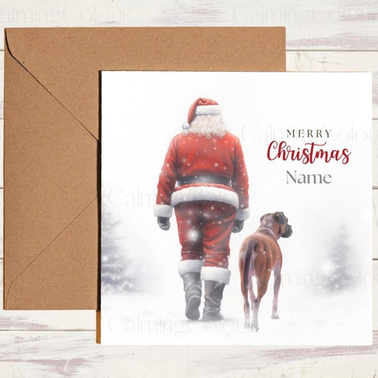Personalised Boxer Walking with Santa Card | Christmas Card (Personalised)