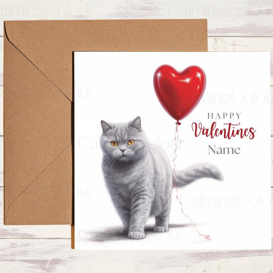 Personalised British Shorthair with Red Balloon | Valentine's Card | With Love | Calming Colour