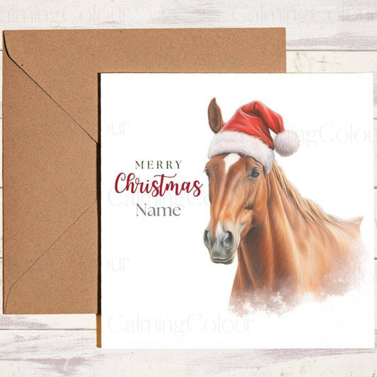 Personalised Chestnut Horse wearing Red Santa Hat | Christmas Card | Christmas Card (Personalised)