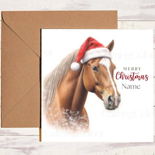 Personalised Chestnut Horse with a Red Santa Hat | Christmas Card | Christmas Card (Personalised)