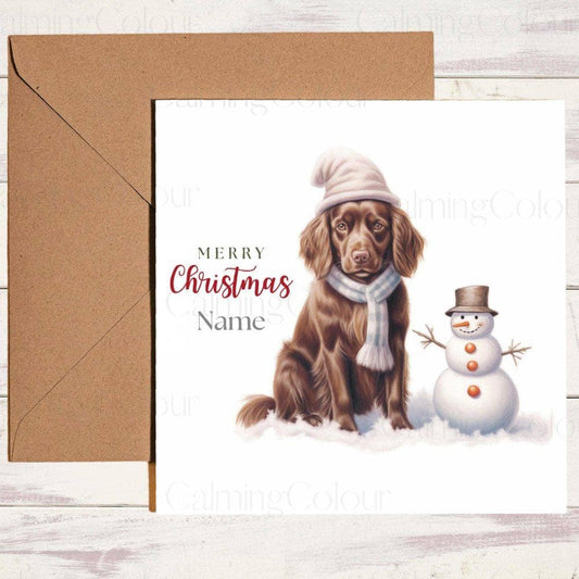 Personalised Chocolate Sprocker Spaniel with Mini Snowman | Christmas Card | Christmas Card (Personalised)