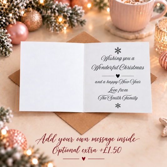 Open Christmas card showing a personalised inside message, available as an optional £1.50 extra