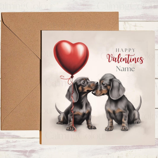 Personalised Dachshund Couple with Red Balloon | Valentine's Card | Calming Colour