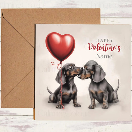 Personalised Dachshund Couple with Red Balloon | Valentine's Card | Calming Colour