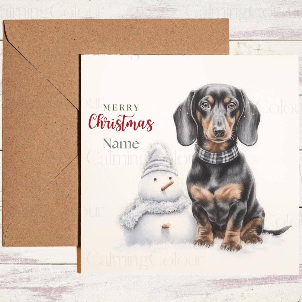 Personalised Dachshund with Mini Snowman | Christmas Card | Calming Colour