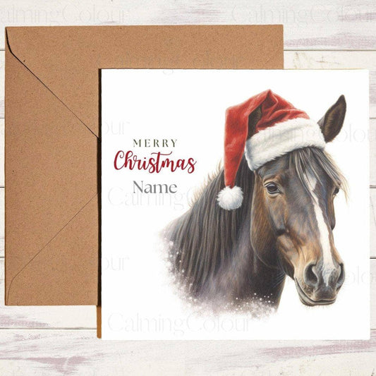 Personalised Dark Brown Horse wearing Red Santa Hat | Christmas Card | Calming Colour