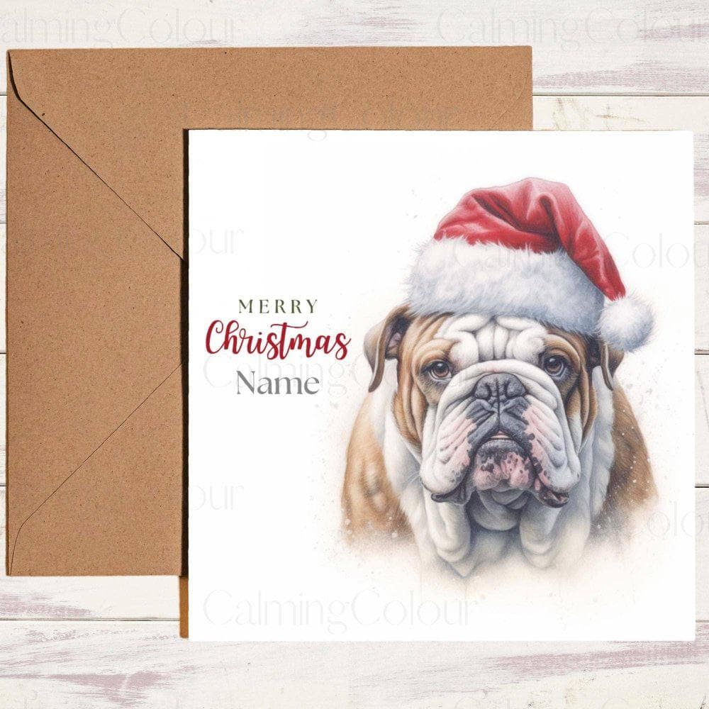 Personalised English Bulldog wearing Red Santa Hat | Christmas Card | Calming Colour