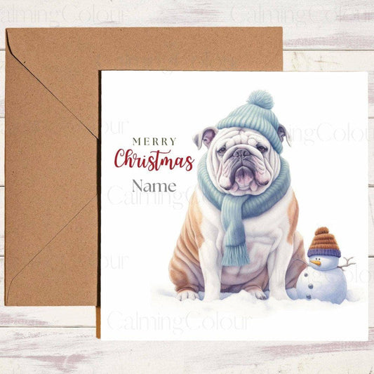 Personalised English Bulldog with Mini Snowman | Christmas Card | Calming Colour