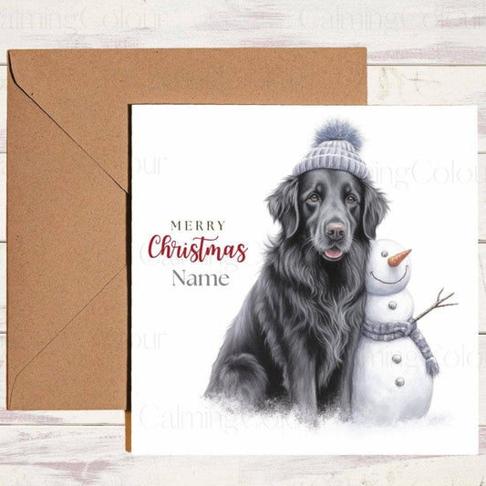 Personalised Flat - Coated Retriever with Mini Snowman | Christmas Card | Christmas Card (Personalised)