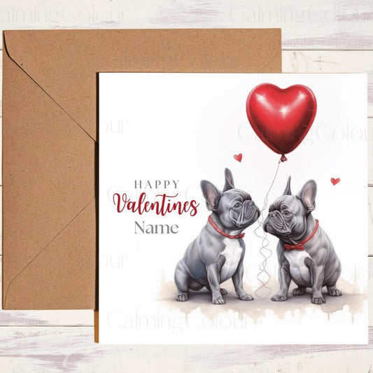 Personalised French Bulldog Couple | Red Balloon | Valentine's Card | Calming Colour