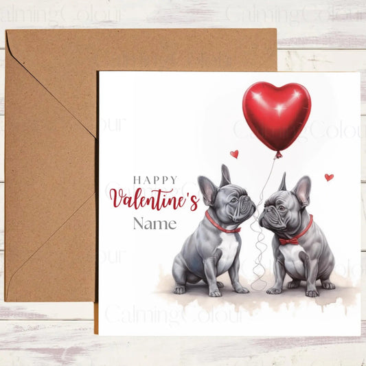 Personalised French Bulldog Couple | Red Balloon | Valentine's Card | Calming Colour