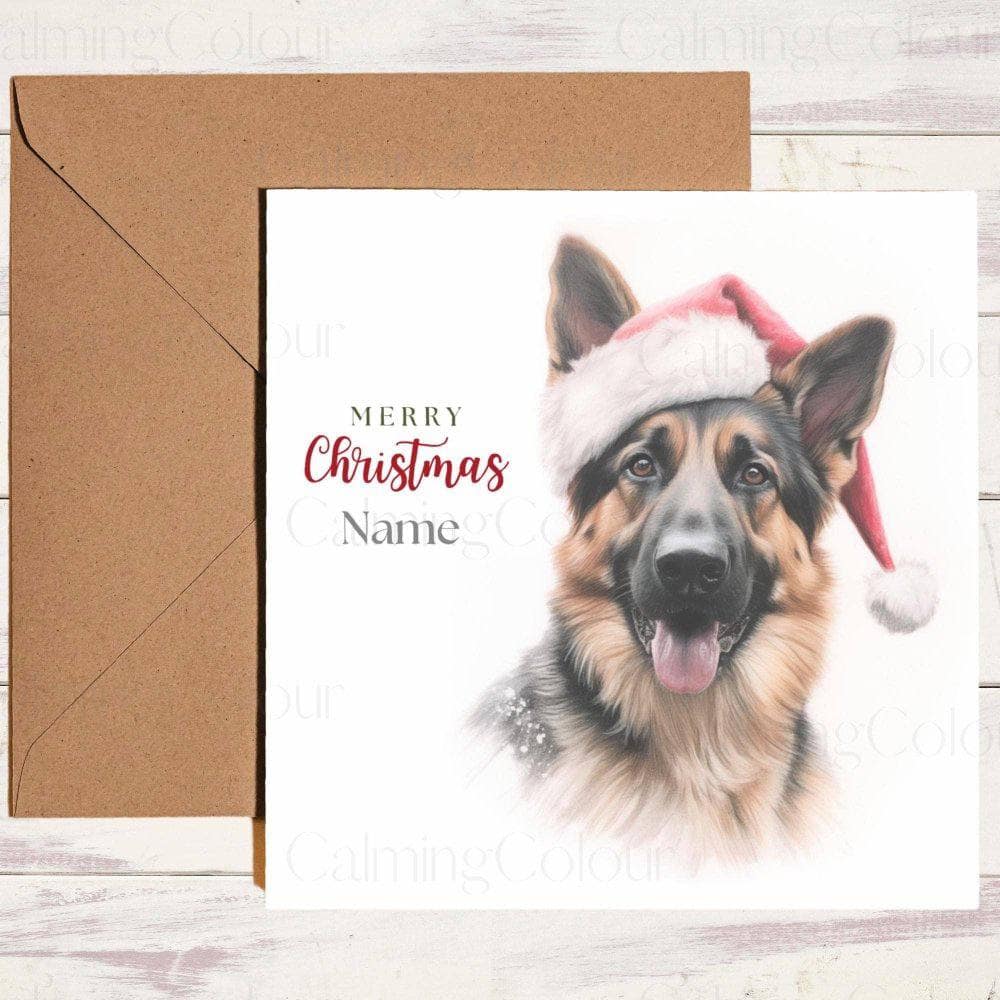 Personalised German Shepherd wearing Red Santa Hat | Christmas Card | Calming Colour