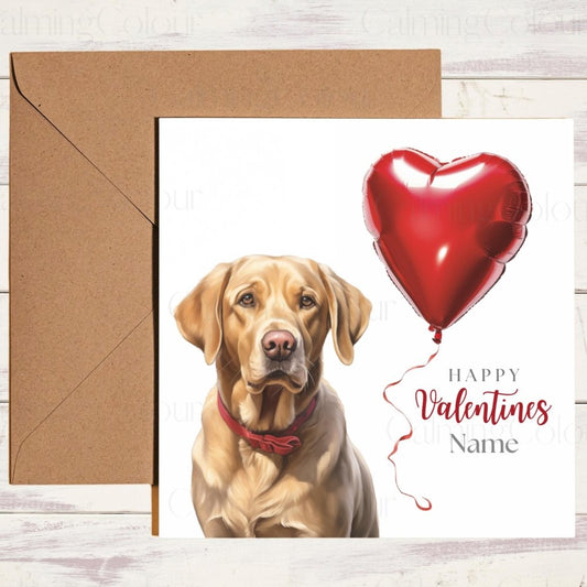 Personalised Gold Labrador with Red LoveHeart Balloon | Valentine's Card | Calming Colour