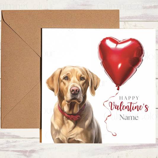 Personalised Gold Labrador with Red LoveHeart Balloon | Valentine's Card | Calming Colour