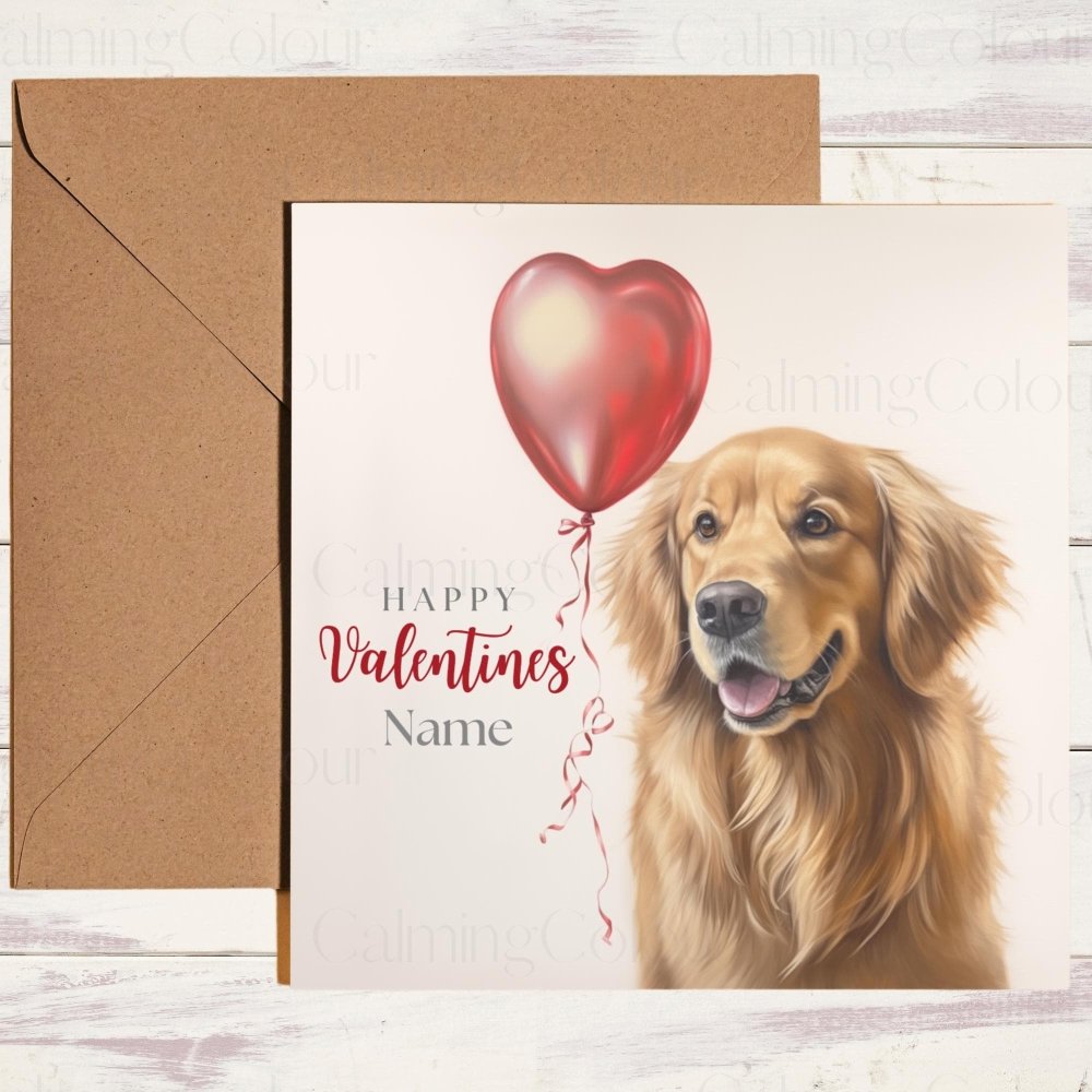 Personalised Golden Retriever with Red LoveHeart Balloon | Valentine's Card | Calming Colour