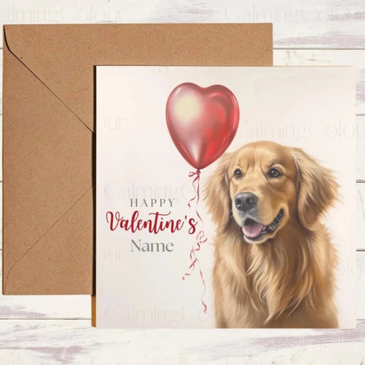 Personalised Golden Retriever with Red LoveHeart Balloon | Valentine's Card | Valentine's Day (Personalised)