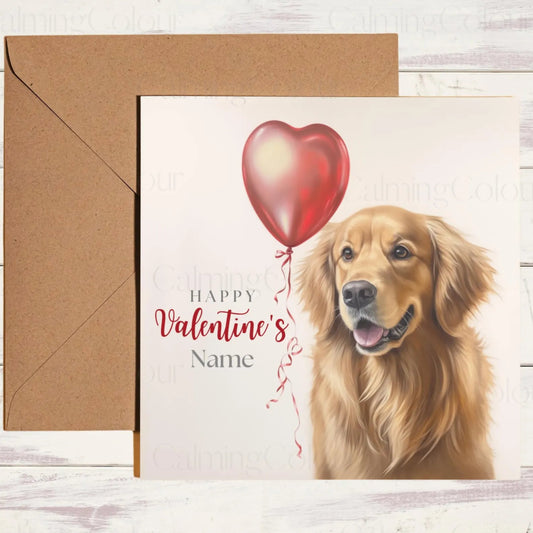 Personalised Golden Retriever with Red LoveHeart Balloon | Valentine's Card | Calming Colour