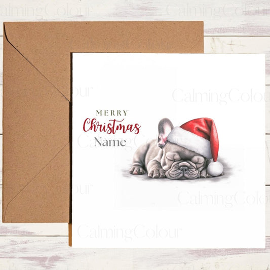 Personalised Grey French Bulldog Sleeping | Christmas Card | Calming Colour