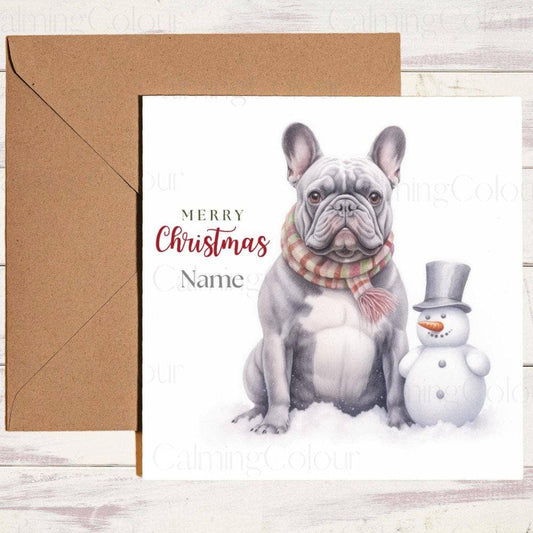 Personalised Grey French Bulldog with Mini Snowman | Christmas Card | Calming Colour