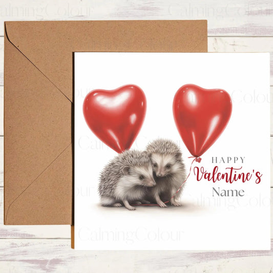 Personalised Hedgehog Couple with Red LoveHeart Balloons | Valentine's Card | Calming Colour