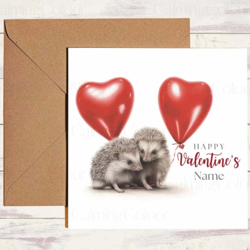 Personalised Hedgehog Couple with Red LoveHeart Balloons | Valentine's Card | Valentine's Day (Personalised)