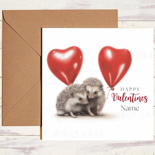 Personalised Hedgehog Couple with Red LoveHeart Balloons | Valentine's Card | Calming Colour