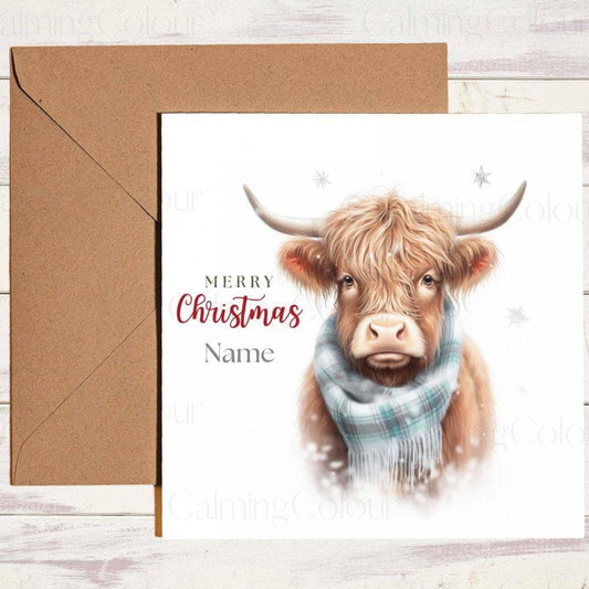 Personalised Highland Cow wearing Blue Scarf | Christmas Card | Christmas Card (Personalised)