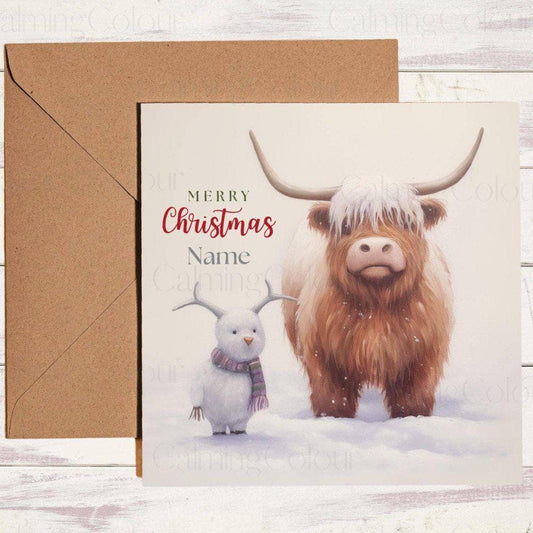 Personalised Highland Cow with Mini SnowCow | Christmas Card | Christmas Card (Personalised)