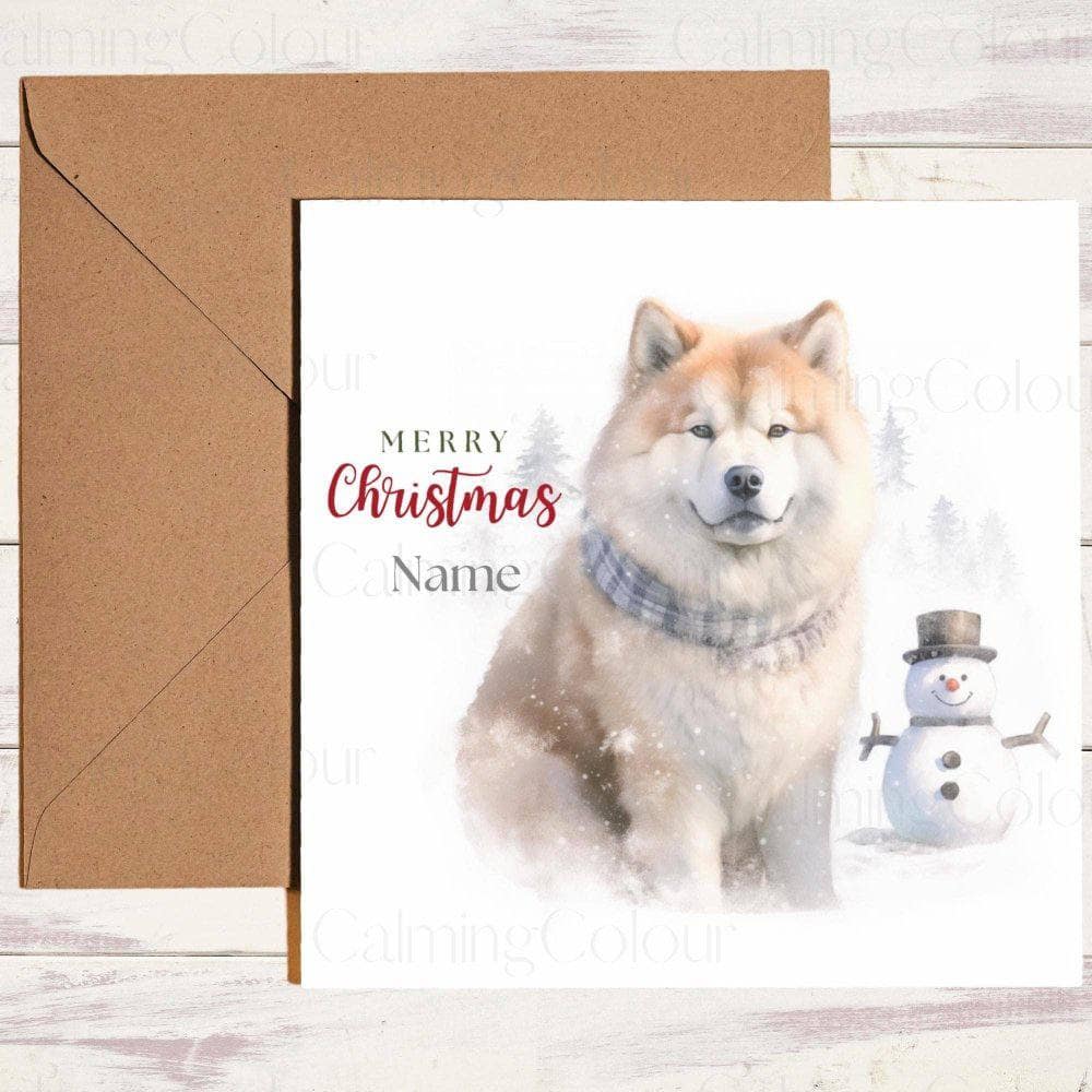 Personalised Japanese Akita with a Mini Snowman | Christmas Card | Christmas Card (Personalised)