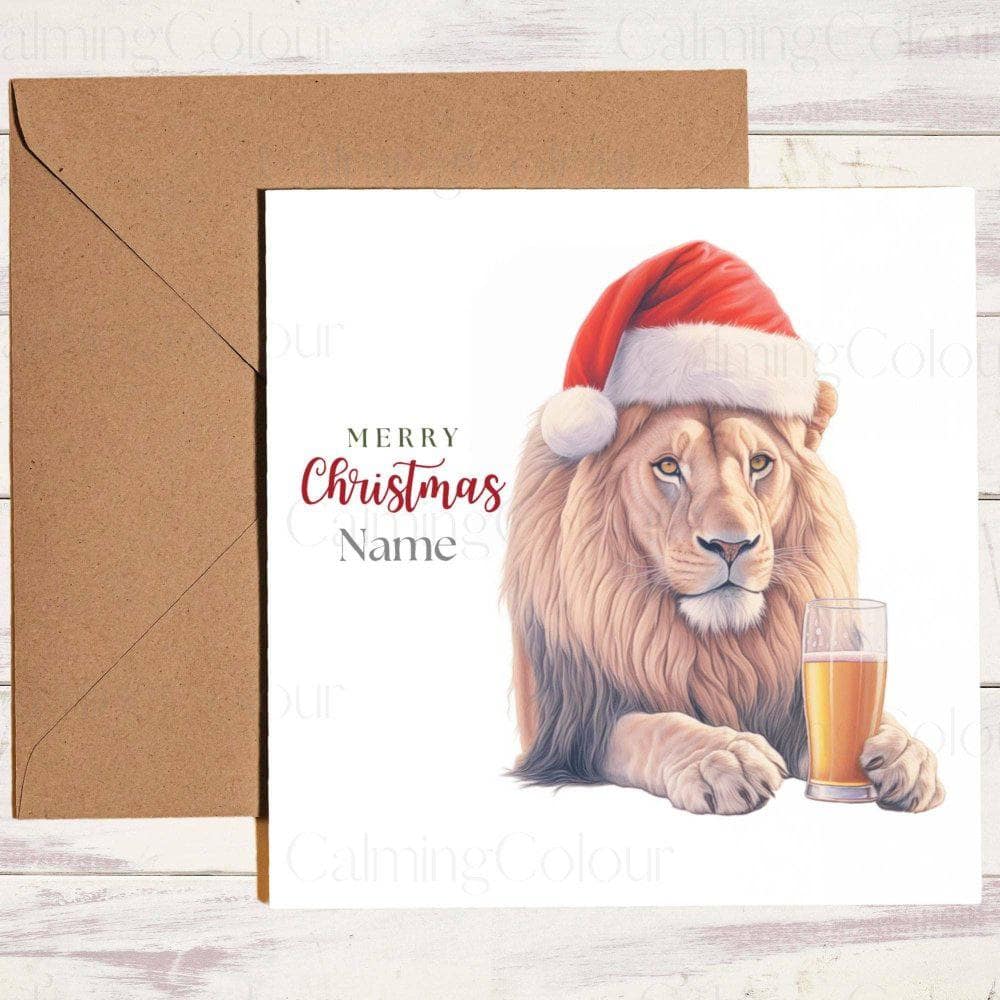 Personalised Lion wearing Red Santa Hat | Christmas Card | Christmas Card (Personalised)