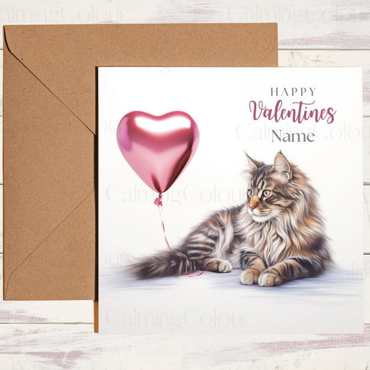 Personalised Maine Coon with Red Balloon | Valentine's Card | Calming Colour