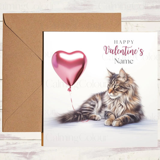 Personalised Maine Coon with Red Balloon | Valentine's Card | Calming Colour