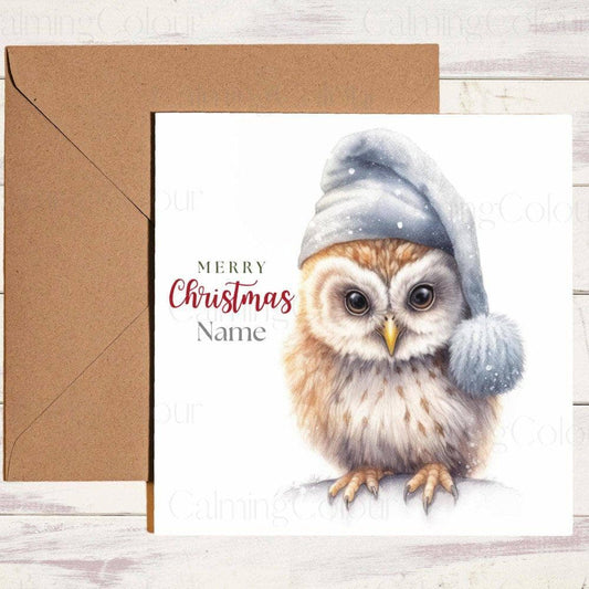 Personalised Owl with Blue Woolly Hat | Christmas Card | Christmas Card (Personalised)