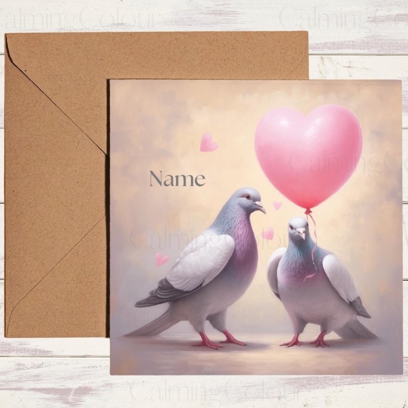 Personalised Pigeon with Heart Balloon | Valentine's Card |